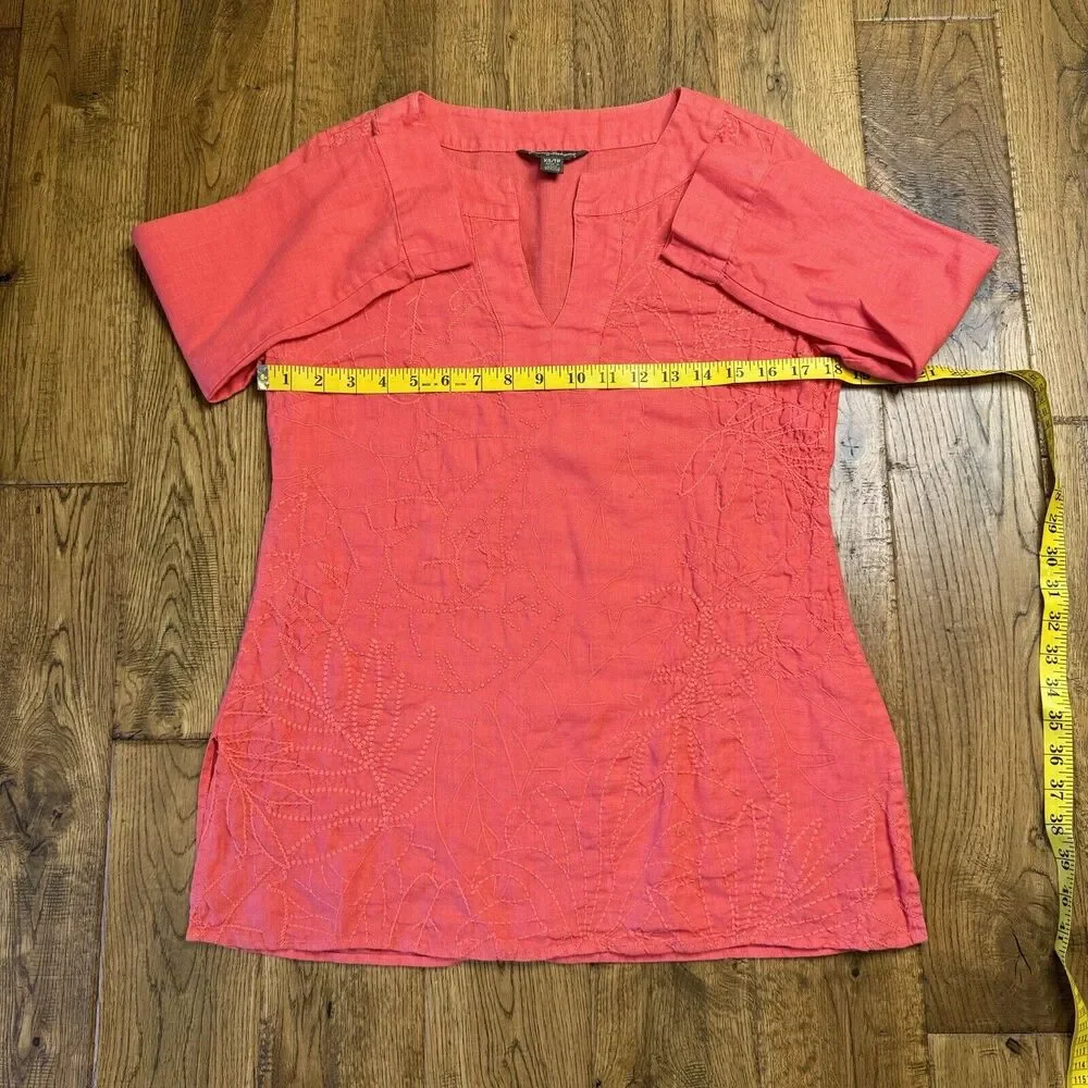 Tommy Bahama Coral Embroidered 100% Linen V-Neck 3/4 Sleeve Tunic Shirt Sz XS - Picture 4 of 6